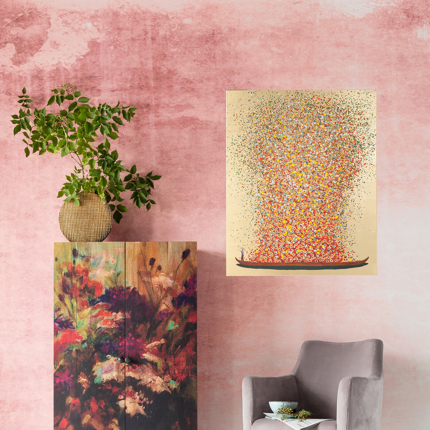 Картина Flower Boat Gold Red «Лодка с цветами» 100x80 см, Красный от KARE Design