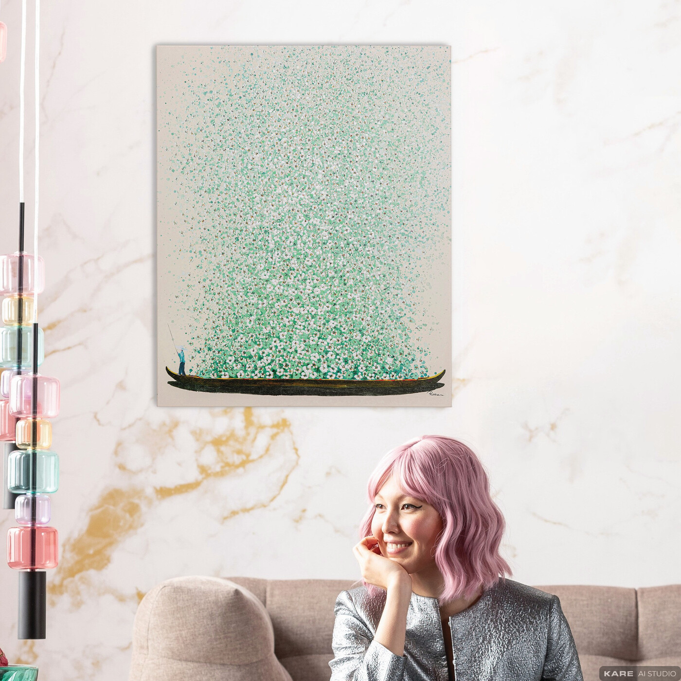 Картина на холсте Flower Boat Beige Green «Лодка с цветами» 40x50 см, Бежевый от KARE Design