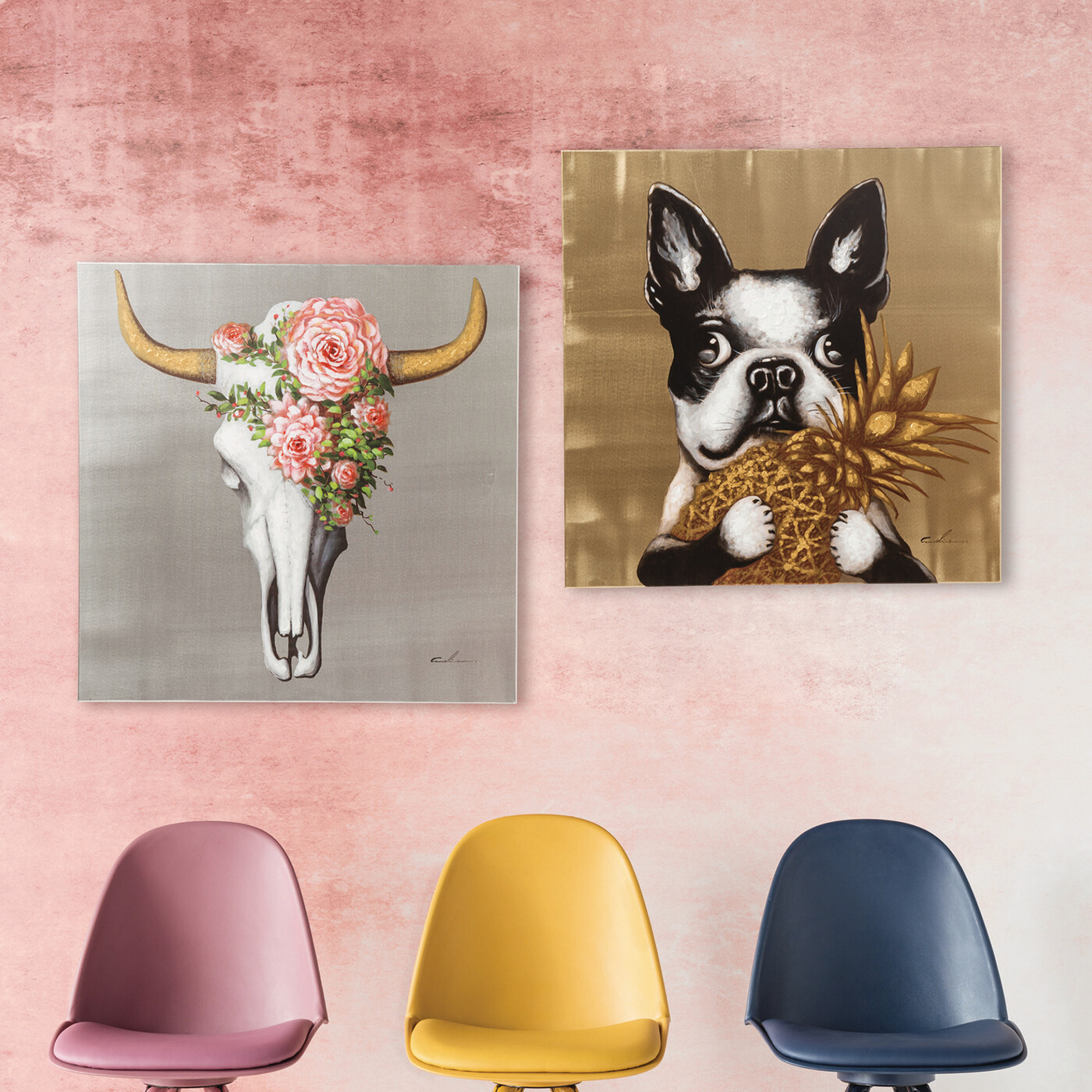 Картина Touched Dog with Pineapple «Бульдог с ананасом» 80x80 см от KARE Design