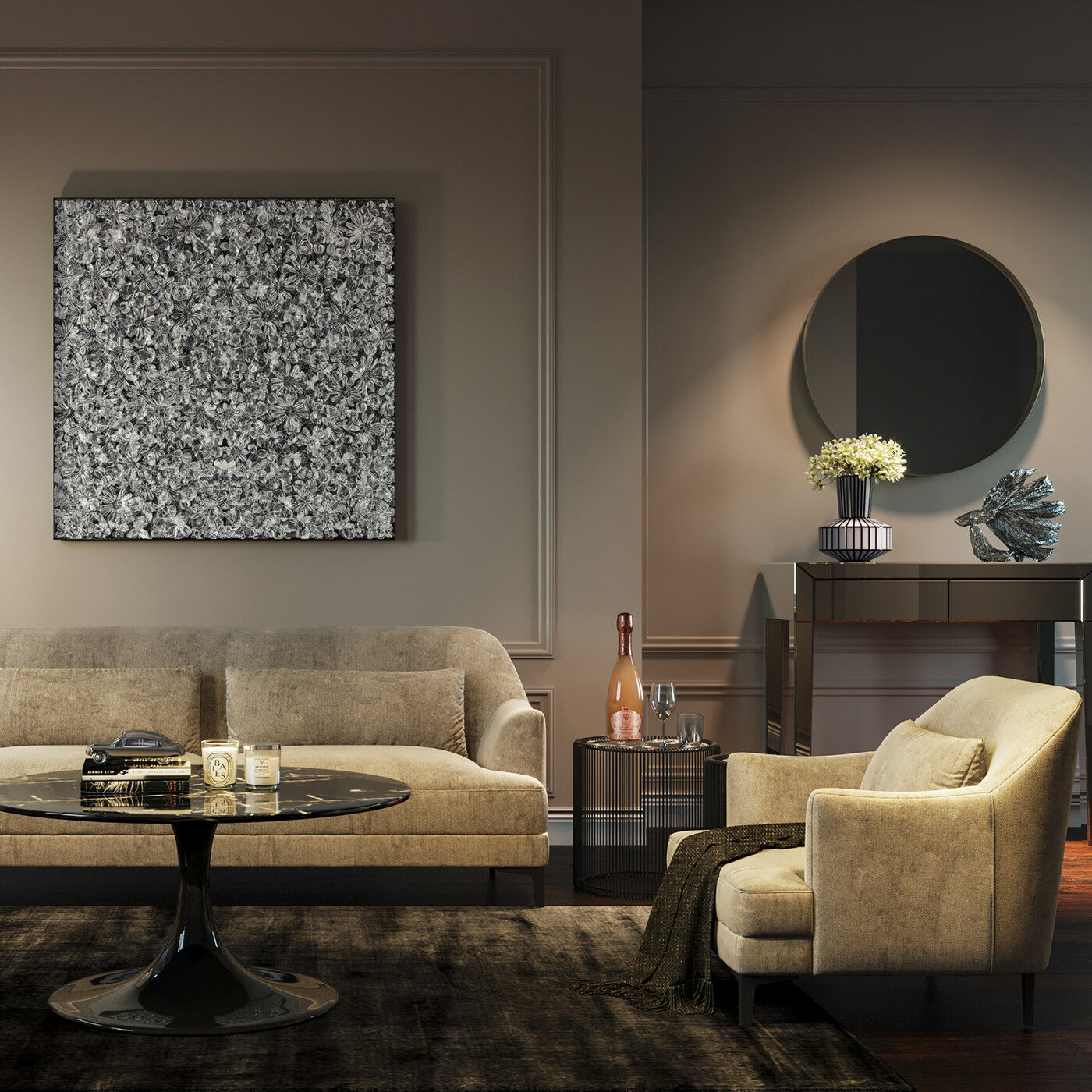 Панно настенное Silver Flower «Серебряные цветы» 100x100 см от KARE Design