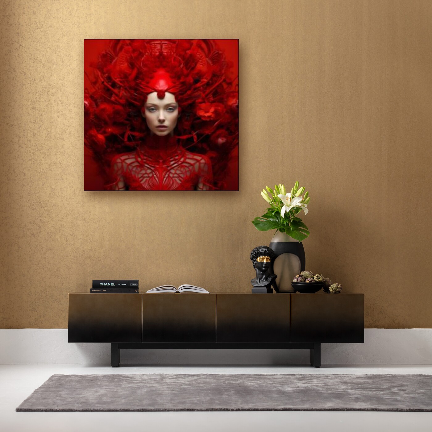 Картина стеклянная Muse Red «Красный портрет» 120x120 см от KARE Design