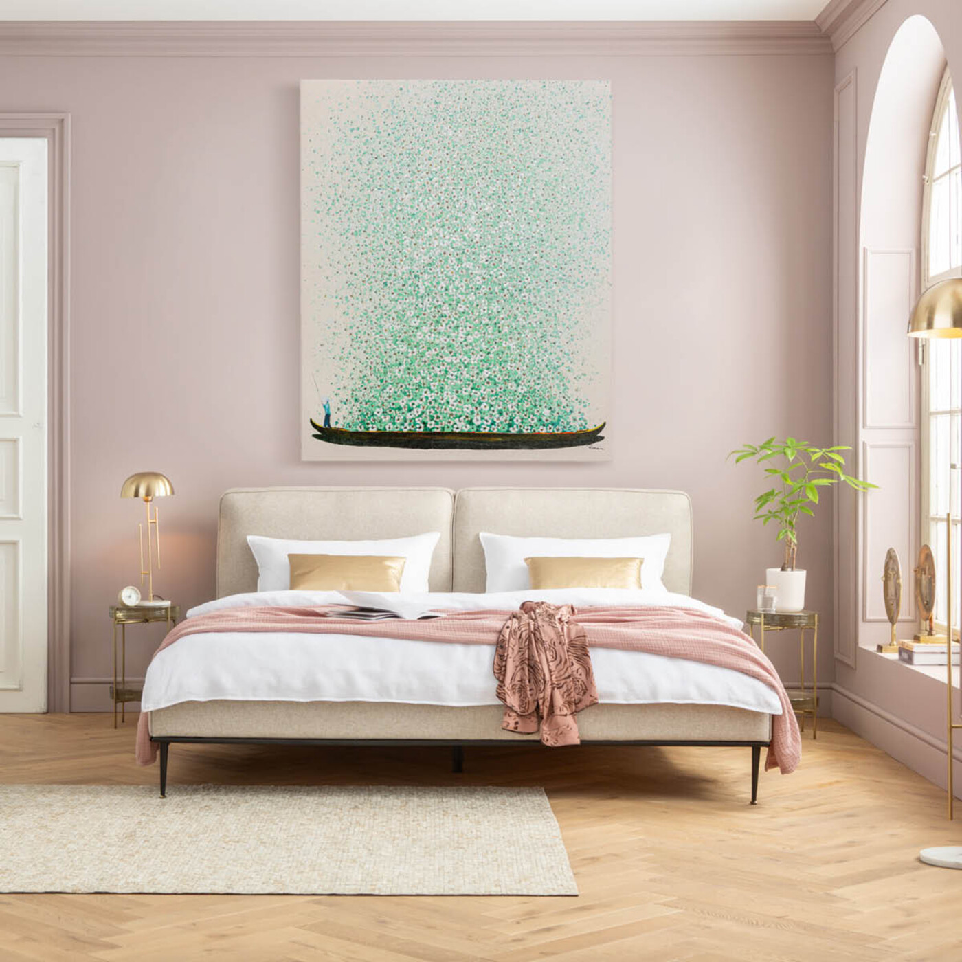 Картина на холсте Flower Boat Beige Green «Лодка с цветами» 120x160 см, Бежевый от KARE Design