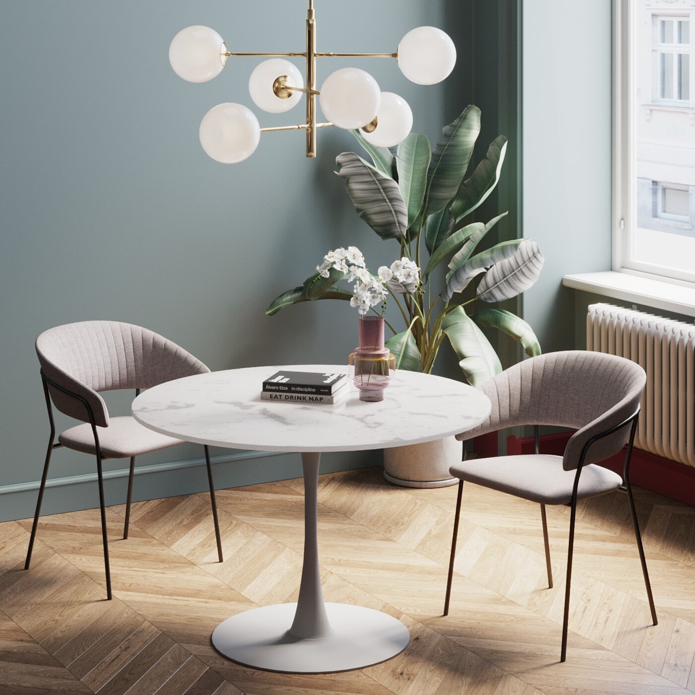 Стол Schickeria Marbleprint White Ø110 см от KARE Design